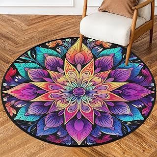 Colorful Mandala Round Area Rug 5Ft Ethnic Boho Flower Non-Slip Circle R...