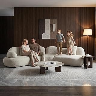 Curved Sectional Sofa Modern Design, Beige Boucle Crescent Couch 5 Seate...