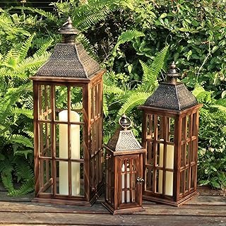DECORKEY Large Farmhouse Wooden Metal Lantern Set of 3, 27''/22''/15'' H...
