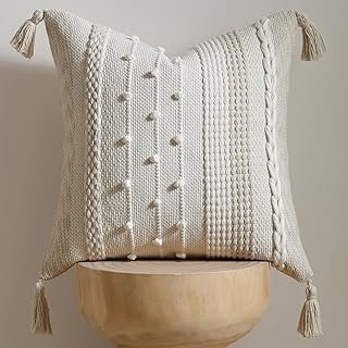 DEZENE Boho Pillow Cover 18x18 Beige - Handmade Woven Textured Throw Pil...