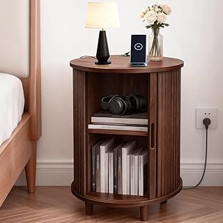 DHH Round End Table with Storage & Charging Station, Fluted Accent Side ...