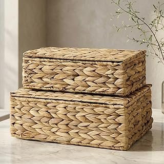 Decorative Storage Boxes with Lids - Set of 2 Beautiful Wicker Organizer...