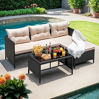 Devoko Outdoor Patio Furniture 3-Piece Rattan Waterproof Outdoor Section...