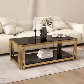 Donext Gold Metal Frame Coffee Table with Black Glass Top, Modern Double...