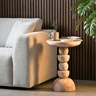East at Main Handmade Artisan Solid Wood Sculptural Side Table, Round Pe...