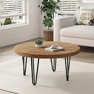 FLYJOE Rustic Wood Round Coffee Table with Metal Legs, Solid Elm Wood To...