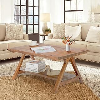 Farmhouse Coffee Table for Living Room, 2-Tier Solid Wood Coffee Table, ...