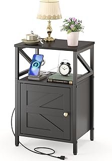 Farmhouse Side Table with Charging Station -3-Tier USB Ports & Outlets E...