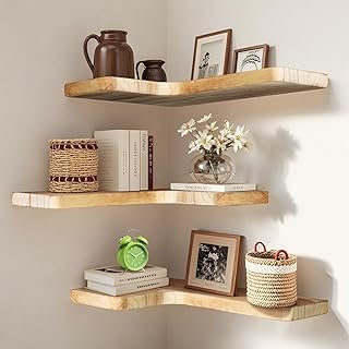 Floating Corner Shelves Set of 3, Solid Wood Picture Wall Shelf, Floatin...