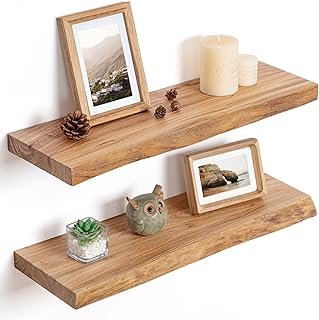 Floating Shelves for Wall Decor, Rustic Solid Elm Wood Live Edge Floatin...
