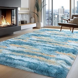 Fluffy Rugs for Living Room Bedroom, 5x7 Feet Abstract Blue Shag Area Ru...