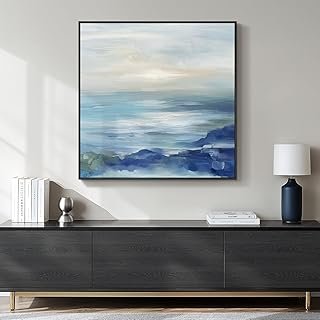 Framed Blue Abstract Wall Art for Living Room, Large Coastal Canvas Artw...