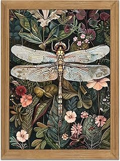 Framed Vintage 3D Textured Wall Art - Dark Green Dragonfly Flowers Wall ...