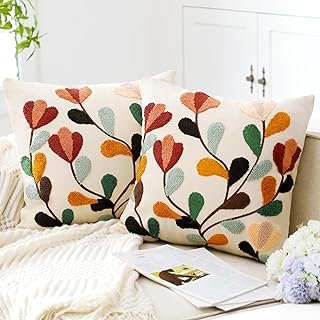 FuWeave 2 Pcs Boho Floral Embroidered Decorative Throw Pillow Covers wit...