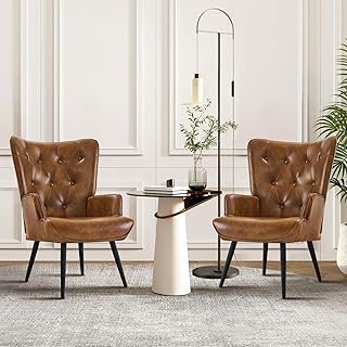 Furnimart Accent Chairs Set of 2, Brown PU Leather Reading Armchair with...