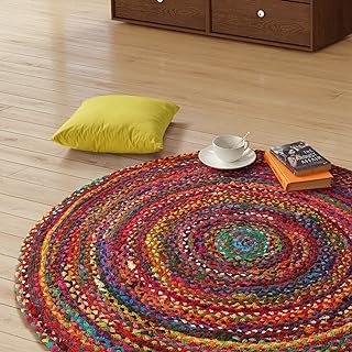 GRUHUM Cotton Area Rug 4ft -Natural Fiber Round Handmade Multicolour Boh...