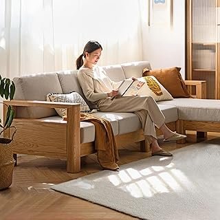 GVAwood Oak Solid Wood, Solid Rubberwood Cotton Fabric Sofa 96.9x32.1x33...