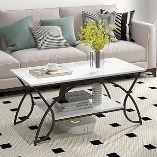 Giantex 2-Tier Rectangular Coffee Table, Faux Marble Table with Open Sto...
