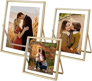 Gold Picture Frames Set of 3, Metal Geometric Photo Frame with Glass Cov...