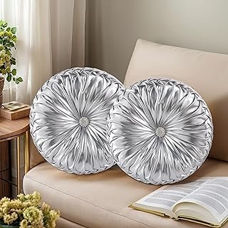HIG Set of 2 Handcrafted Silver Ruched Round Throw Pillows – 14.5’’ Meta...