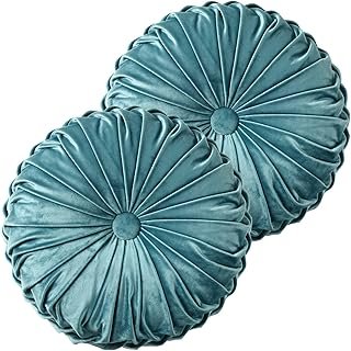 HIG Set of 2 Teal Ruched Velvet Round Throw Pillows – 14.5’’ Decorative ...