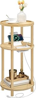 HOOBRO Small Round Side Table with Charging Station, 3-Tier Round Bamboo...