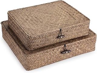Hipiwe Set of 2 Flat Woven Wicker Storage Bins with Lid Natural Seagrass...
