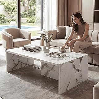 Hyfirm Faux Marble Coffee Tables for Living Room: Rectangular Modern Min...