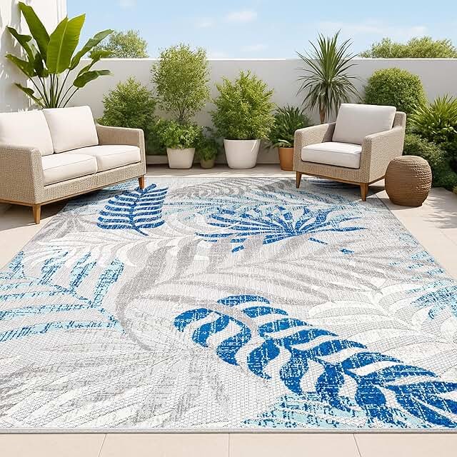 JONATHAN Y Tropics Palm Leaves Indoor Outdoor Area Rug 8X10 Gray/Blue, B...