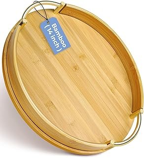 JUPELI 14″ Round Bamboo Serving Tray with Handles – Decorative Tray, Bre...