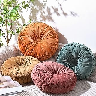 Kathfly Set of 4 Decorative Round Pleated Throw Pillows, Classy Velvet P...