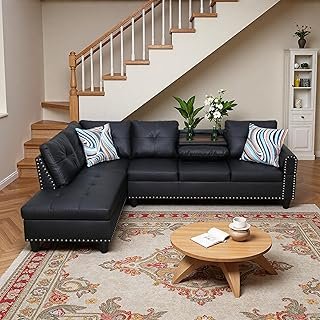 L-Shaped Sectional Sofa, Modern 4-Seat Couch with Built-in Cup Holders, ...