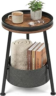 LEMONDA Small Round Side Table with Storage Basket, 11.8