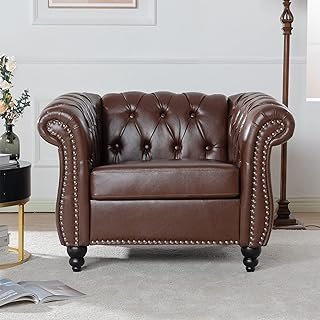LEVNARY Leather Chesterfield Chair, Mid-Century Modern Single Sofa Chair...
