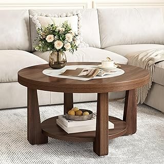 LITTLE TREE Modern Round Coffee Table, 2-Tier Wood Coffee Table with Sto...