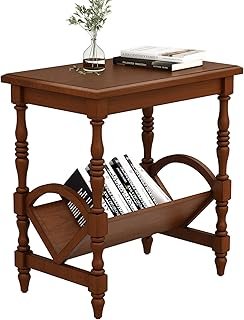 LKTART Wood End Table, Vintage Sofa Side Table with Magazine Rack and Ru...