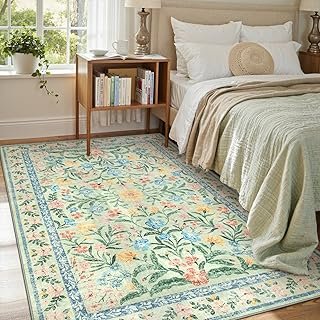 Lahome Sylvie Washable Green Rug, 5x7 Whimsical Floral Rug for Nursery, ...