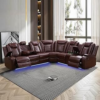Leather Power Recliner Sectional Sofa Set with LED Light,L-Shaped Modula...