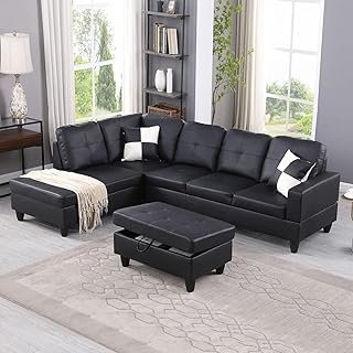 Leather Sectional Couch 105 Inch L Shaped Black Leather Sofa with Storag...