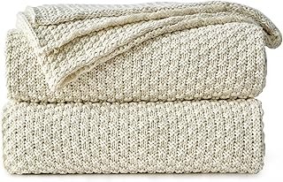 Longhui bedding Cream Knitted Throw Blanket for Couch, Soft, Cozy Machin...
