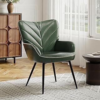 MALOL Mid-Century Modern Green Faux Leather Accent Chair, Upholstered Ar...