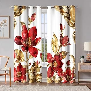 Magnolia Floral 3D Curtains,5284inch Abstract Red Gold Flower Blackout C...