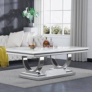 Modern Marble Coffee Table, Rectangular White and Silver with U-Shape St...