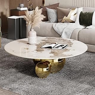 Modern Round Marble Coffee Table, 39.4 inch Marble-Look Top with Gold Ba...