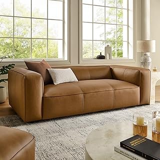 Modway Auren Vegan Leather Sofa in Camel - Faux Leather 3 Seater Couch -...