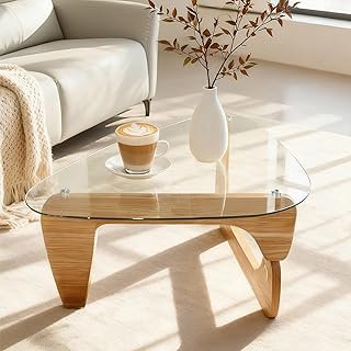 Morden Coffee Table,Glass Coffee Table with Natural Wood Legs,42.5