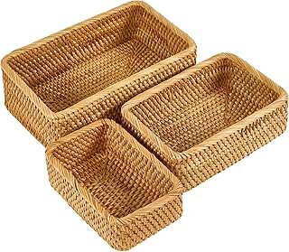 Natural Rectangular Rattan Storage Baskets (Set of 3), Hand Woven Food a...