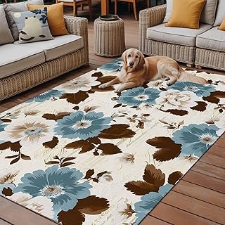 Outdoor Rug, Vintage Pastoral Beige Blue Flowers Indoor Area Rug Outdoor...