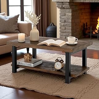 Pomona 42-Inch Rectangular Solid Wood Coffee Table with Storage Shelf & ...