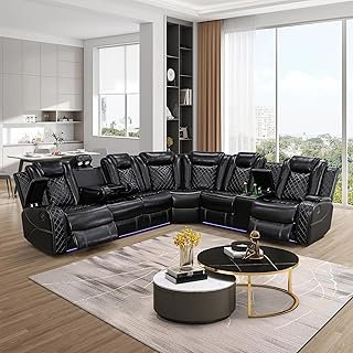 Power Reclinier Sectional Sofa,Black Leather Reclining Sectional Modular...